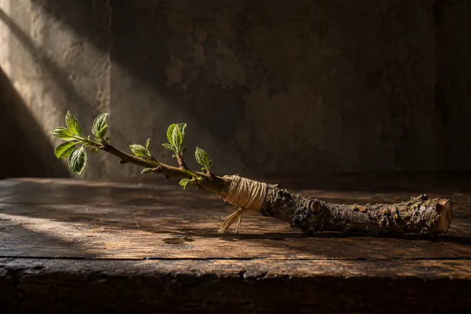 A cut apple branch with a young budding scion grafted onto older bark and bound with raffia.