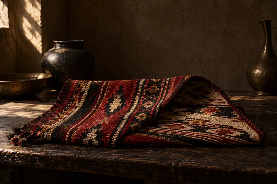 قطعة من نسيج السدو المنسوج يدويًا مطويّة على نفسها، فيظهر وجه النسيج وظهره جنبًا إلى جنب.