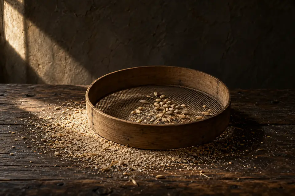 A round wooden sieve on a table; most of the grain has fallen through, and a few larger seeds remain in the mesh.