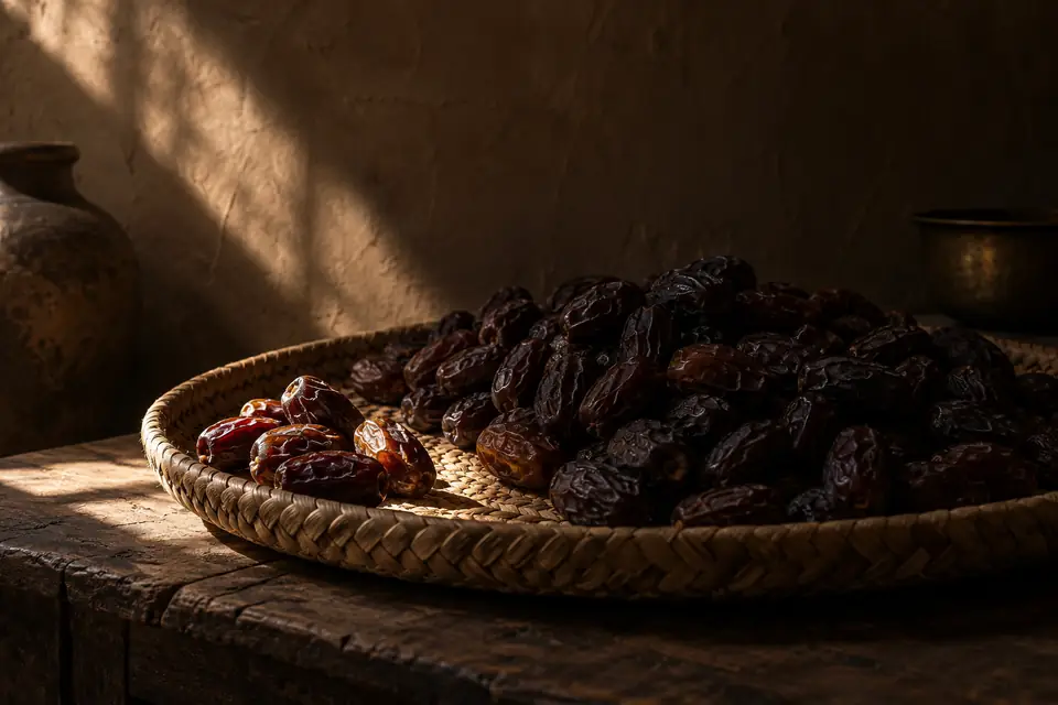 طبق من خوص النخيل مليء بالتمر، وقد أُفردت بضع حبات من أجوده جانبًا في ضوء الشمس.