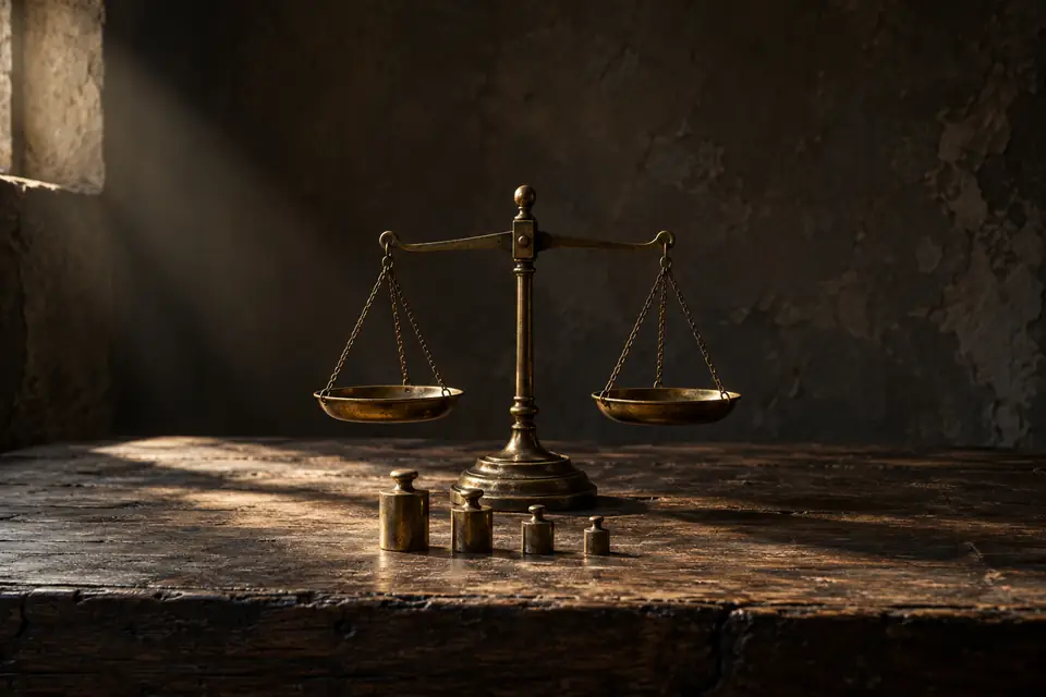 A small brass balance scale with four brass weights of different sizes lined up in front of it.