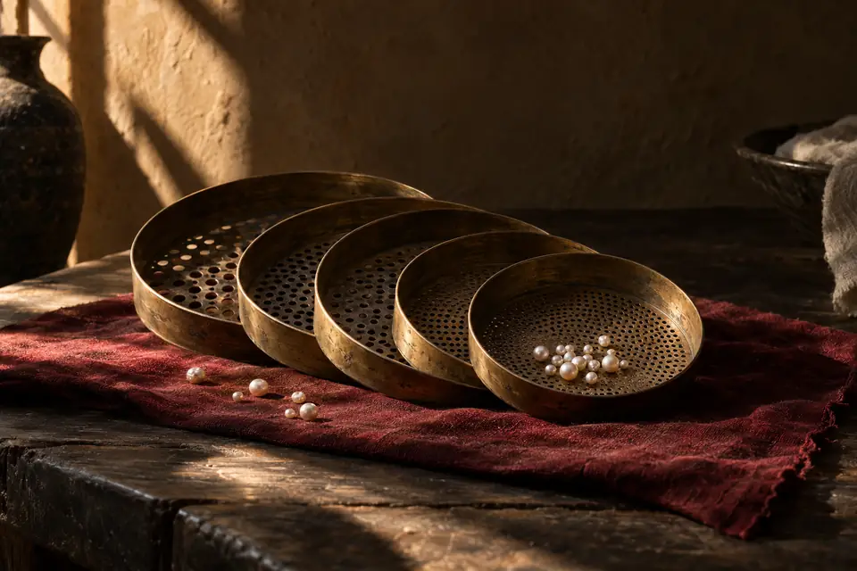 مجموعة من مناخل الطواويش النحاسية القديمة لفرز اللؤلؤ على قماش أحمر، وفي أعلاها بضع حبات من اللؤلؤ الطبيعي.