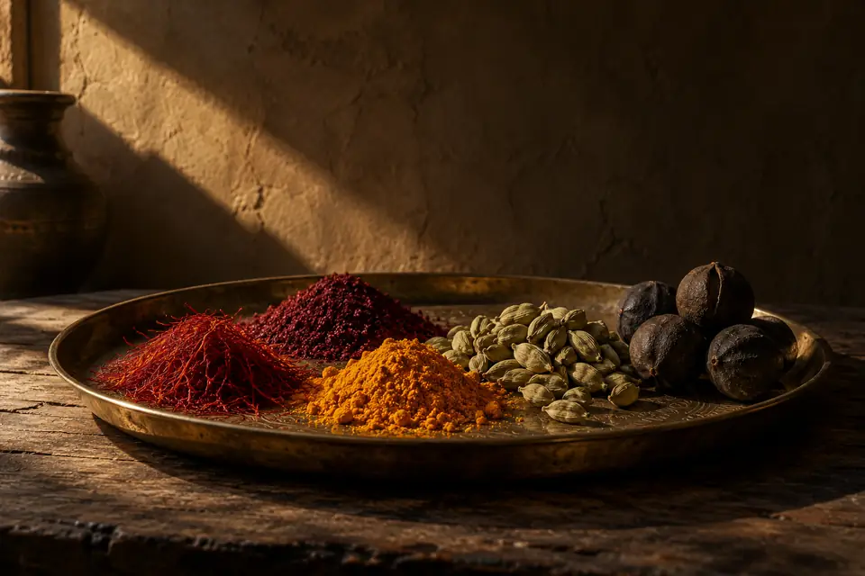 صينية نحاسية عليها أكوام صغيرة من الزعفران والسماق والكركم وحبات الهيل واللومي الأسود.